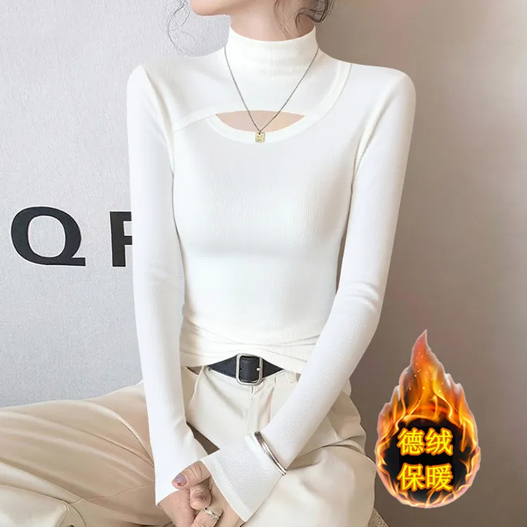 半高领打底衫女内搭T恤新款秋冬修身长袖保暖镂空上衣德绒女款