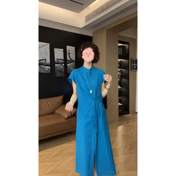 2025年夏季新款时尚韩版圆领收腰显瘦纯色绑带短袖长款连衣裙女装