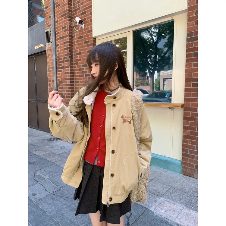海盐摩卡 毛绒内里刺绣灯芯绒外套女装2025秋冬新款纯色棉衣夹克