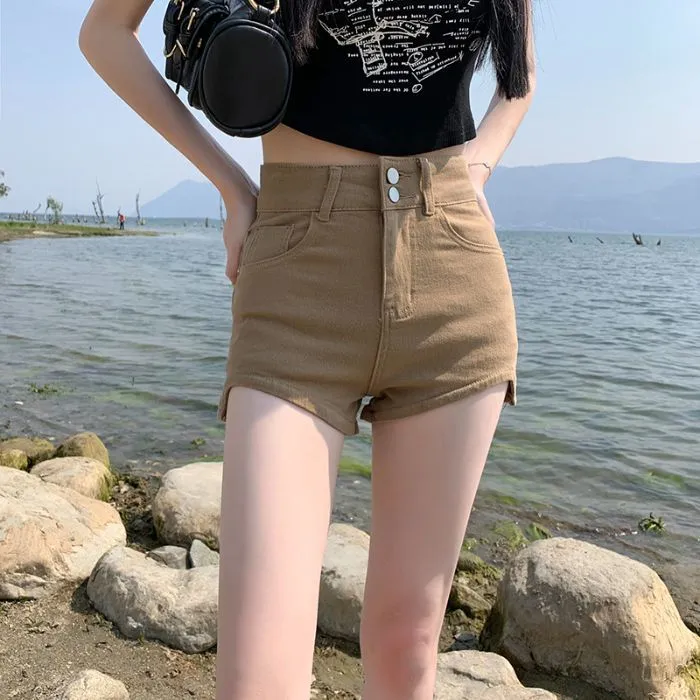 两粒扣不规则A字热裤美式复古辣妹风牛仔短裤女修身显瘦直筒包臀