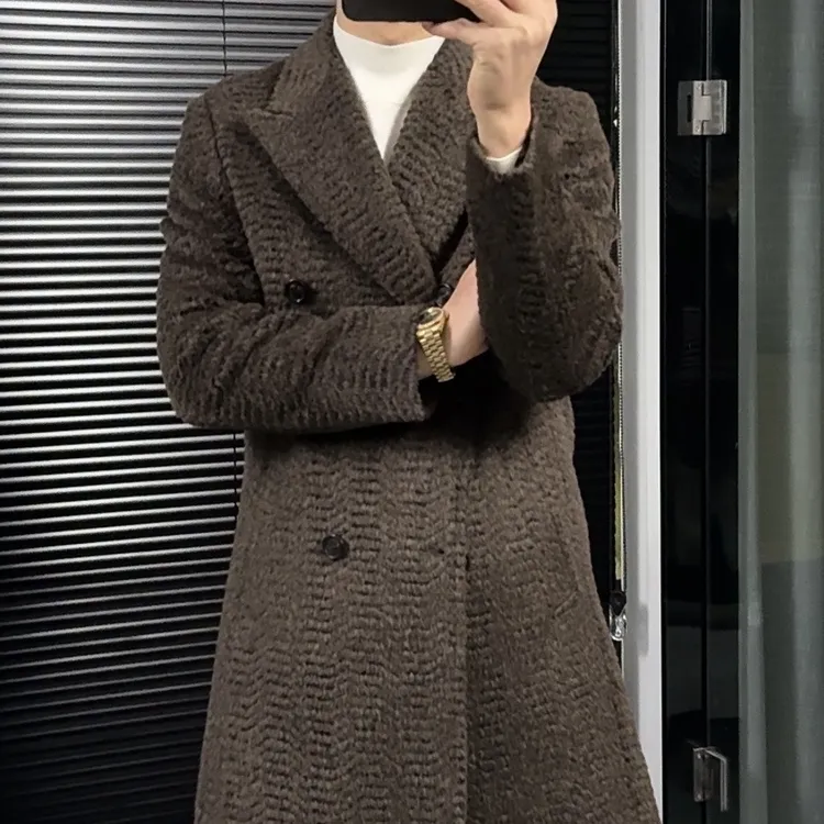 潮秋冬气质长款呢大衣修身双排扣毛呢大衣毛