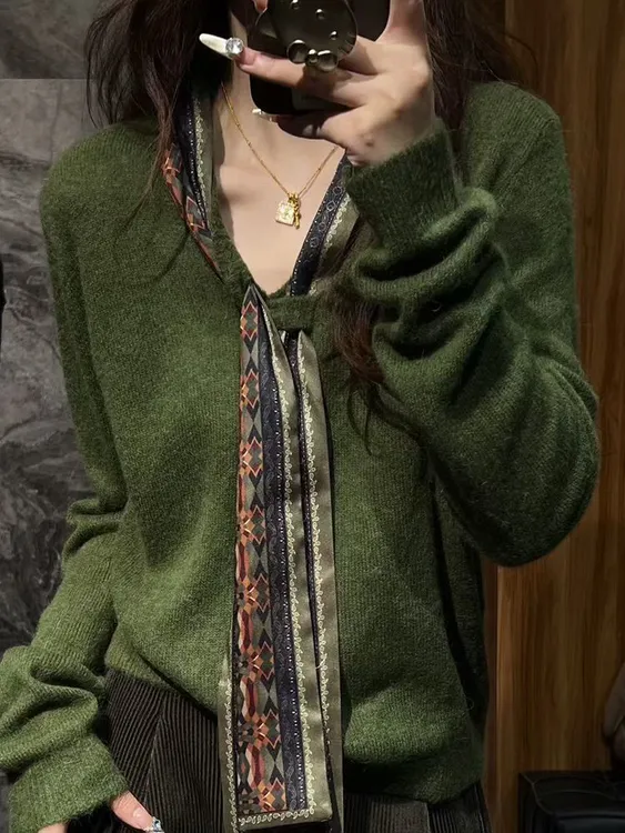 2025针织秋季冬季INS风通勤毛针织衫ins百搭绿色提花时尚女士毛衣