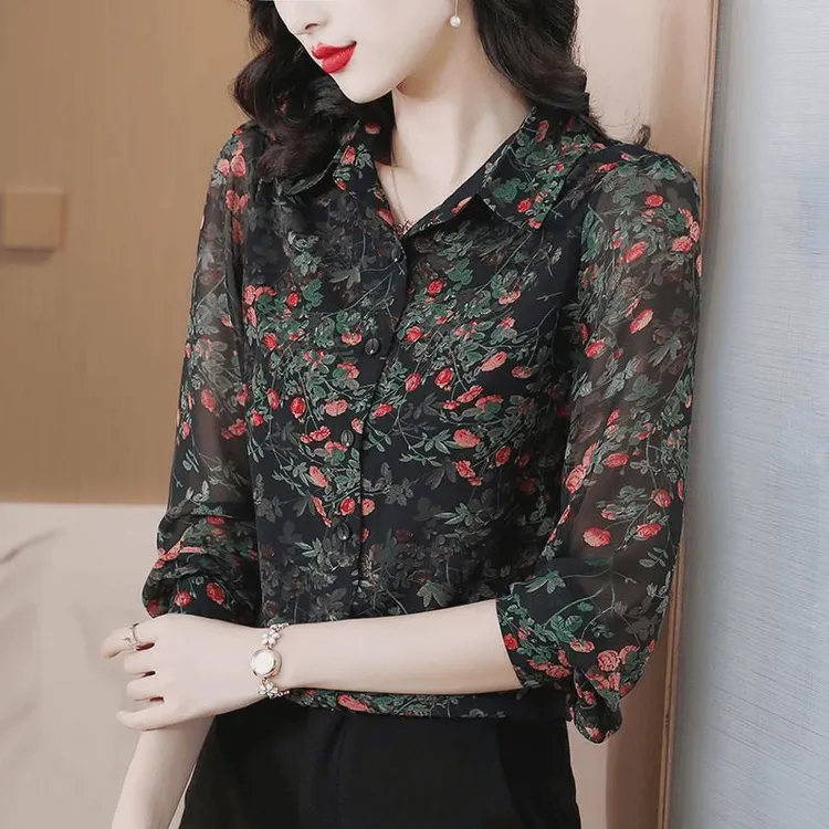 长袖衬衫女通勤宽松植物花卉Polo领厚款衬衣高端桑上衣四季通用女