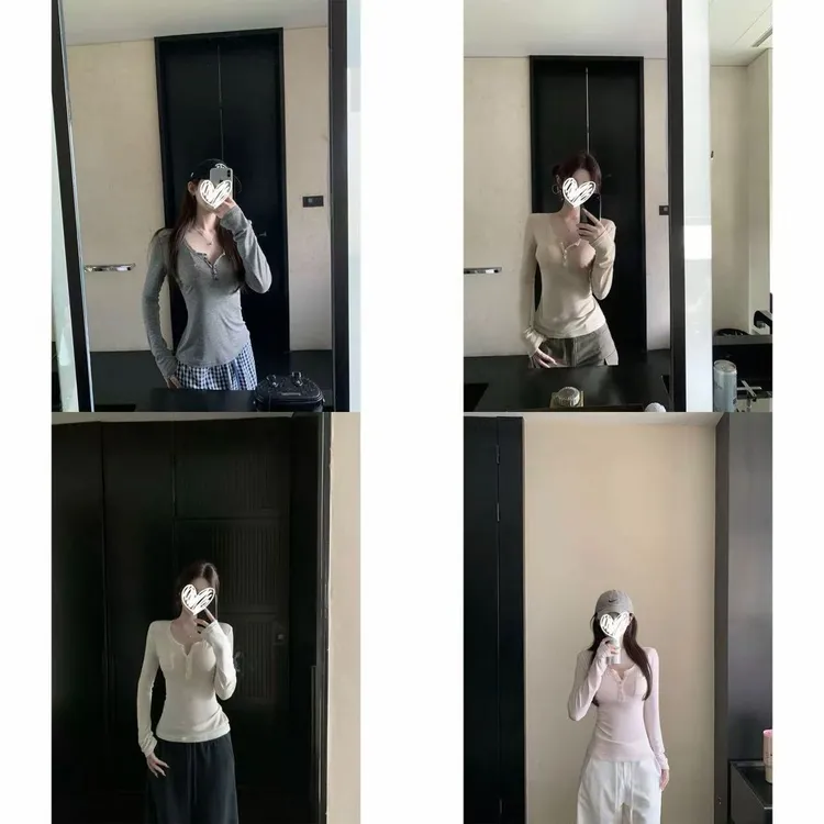 2025设计感纽扣纯色U领长袖T恤女装秋季新款修身显瘦百搭打底上衣