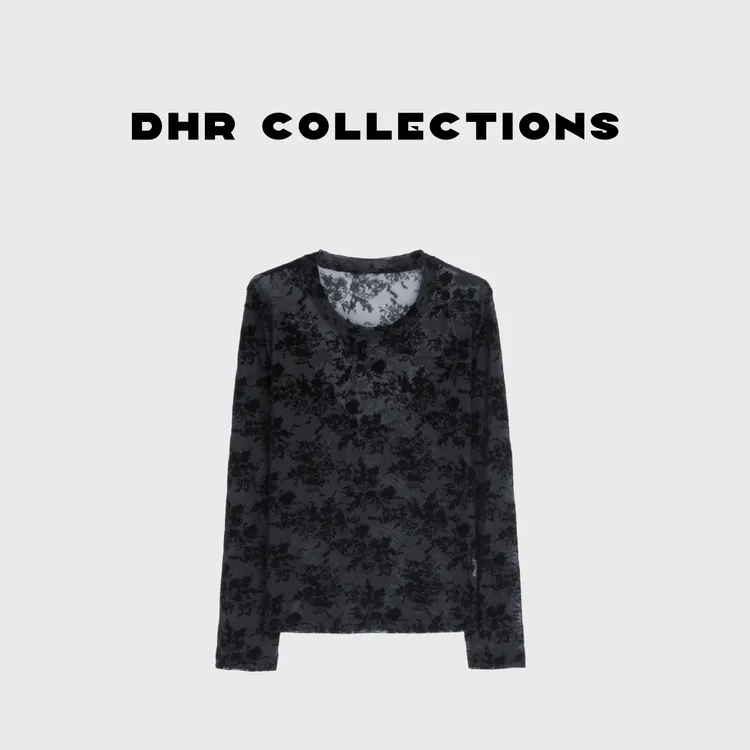 豆豆6【绒化轨迹】网纱3D印花气质长袖T恤百搭显瘦洋气上衣-DQ1751