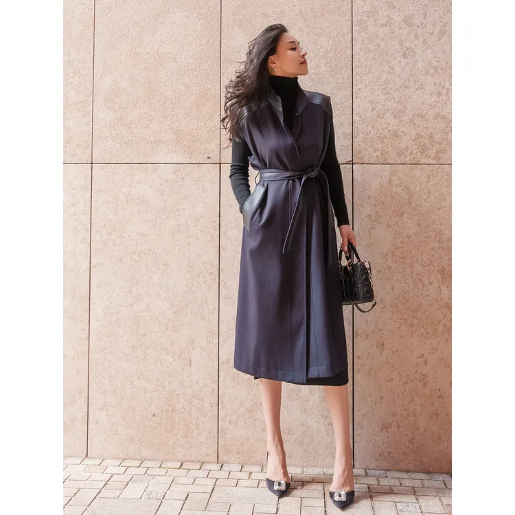 【余书】“摩登姿态”系列复古拼皮无袖收腰风衣/大衣外套Y304178