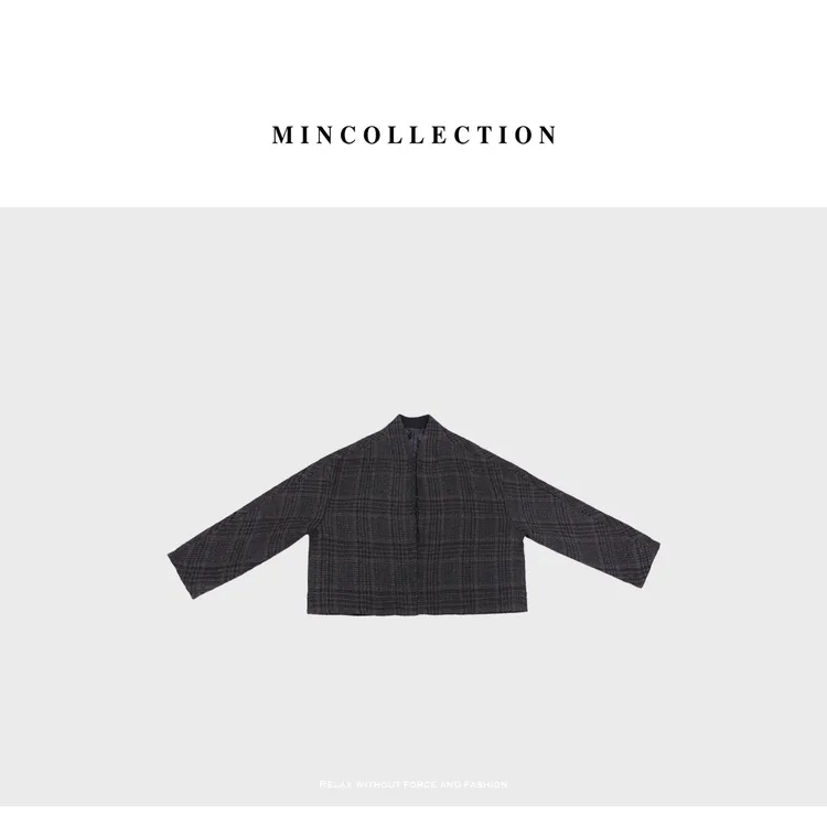 DE Mincollection格纹呢外套/日系小立领复古廓形短款大衣82367
