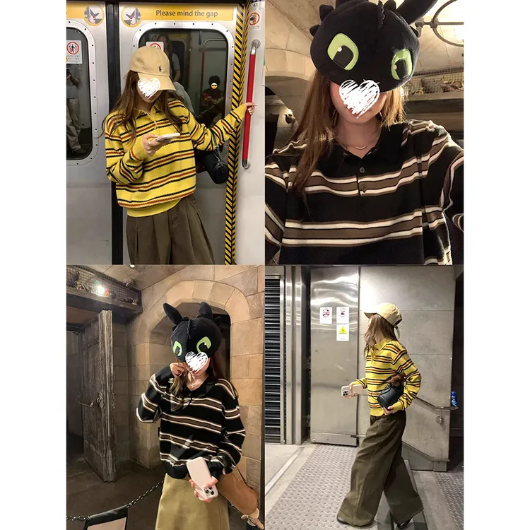 miu系百搭条纹上衣女秋季polo领套头针织衫 81289