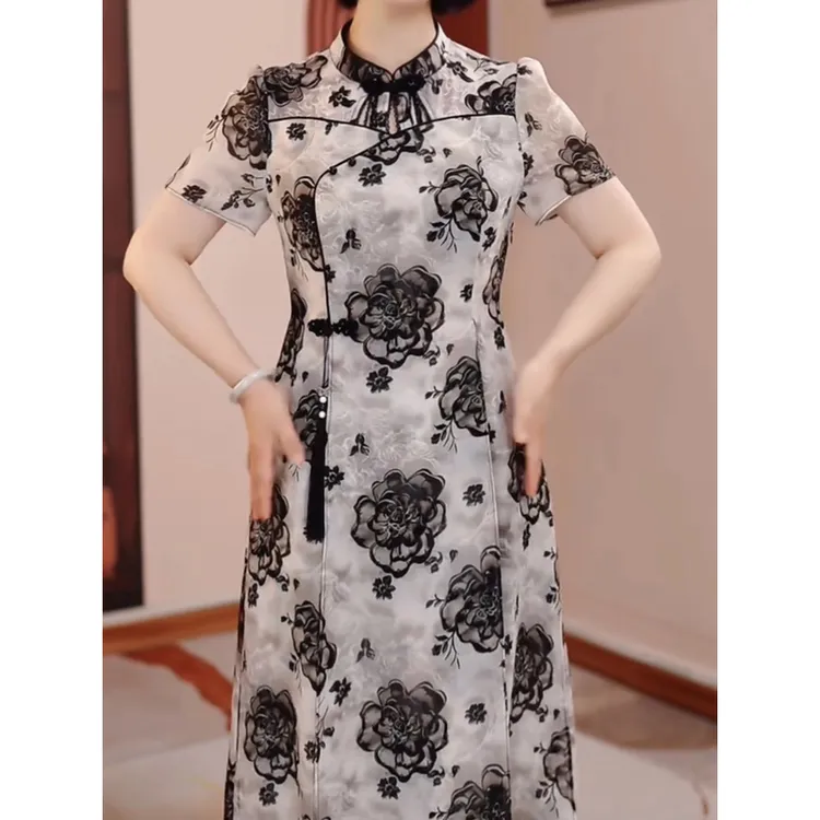 高级乔琪纱新中式国风太太旗袍裙2025夏季新款花色减龄修身旗袍女