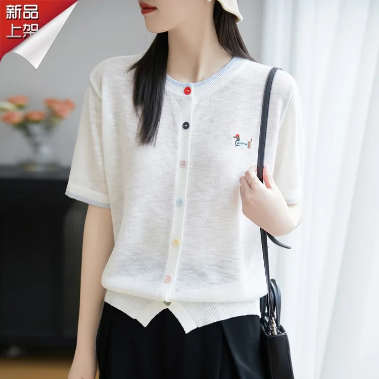 哥弟阿玛施正品竹节麻彩扣刺绣短袖开衫圆领撞色休闲百搭针织衫女