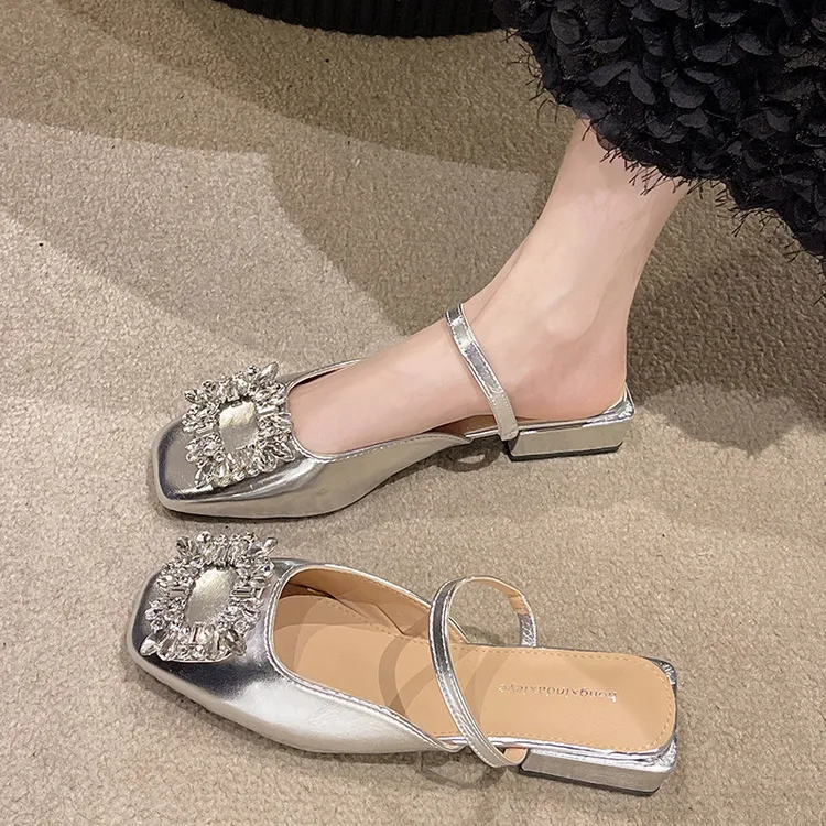 包头半拖鞋女夏外穿银色水钻凉鞋3公分小跟粗跟方头穆勒法式凉拖