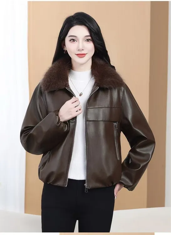 【特价】2025冬季皮衣外套新款软皮加绒加厚皮衣女士皮衣488