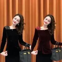 【高级冷艳】2025秋冬款重工串珠拼接网纱肩不规则收腰显瘦丝绒上衣