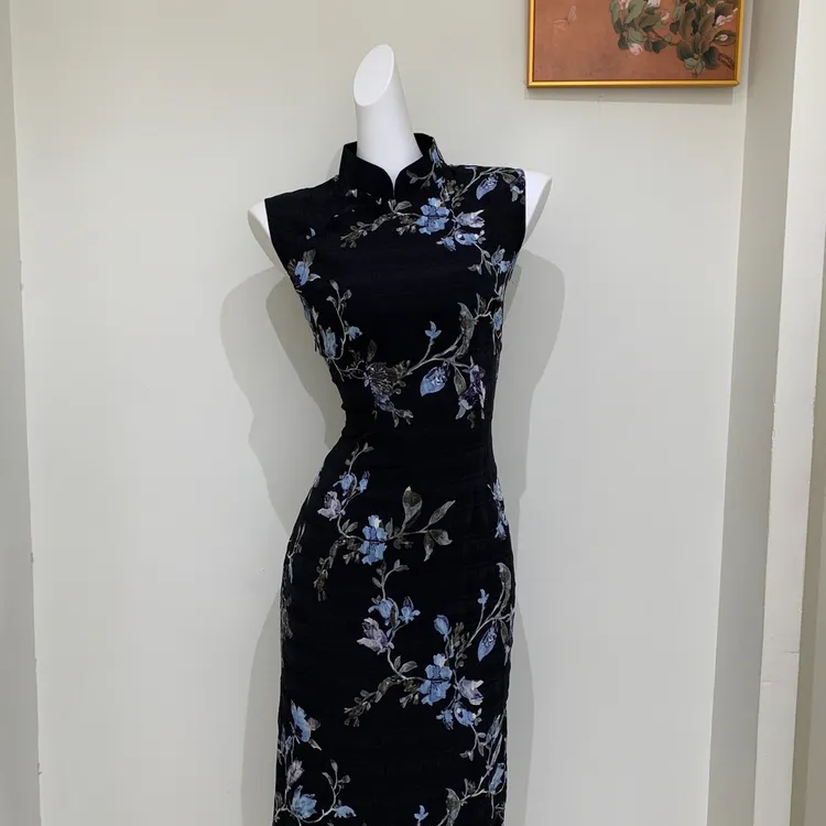 衣长123）茶黎港工半开襟气质雪纺旗袍黑色显瘦气质优雅改良