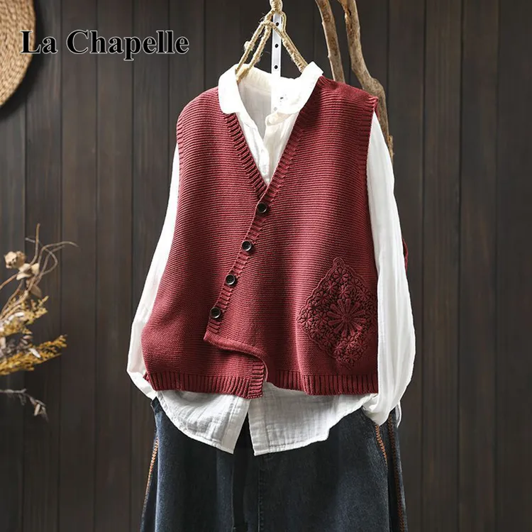 拉夏贝尔斜襟V领针织马甲开衫女设计感宽松遮肉秋季坎肩文艺上衣