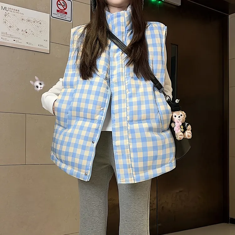 超好看减龄 胖mm大码格子立领棉服马甲女秋冬爆款设计时尚外套603