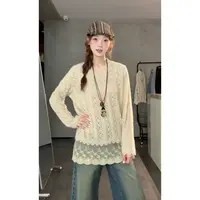 VGVL上衣V领蕾丝内搭秋冬款保暖百搭遮肉显瘦长袖打底衫女