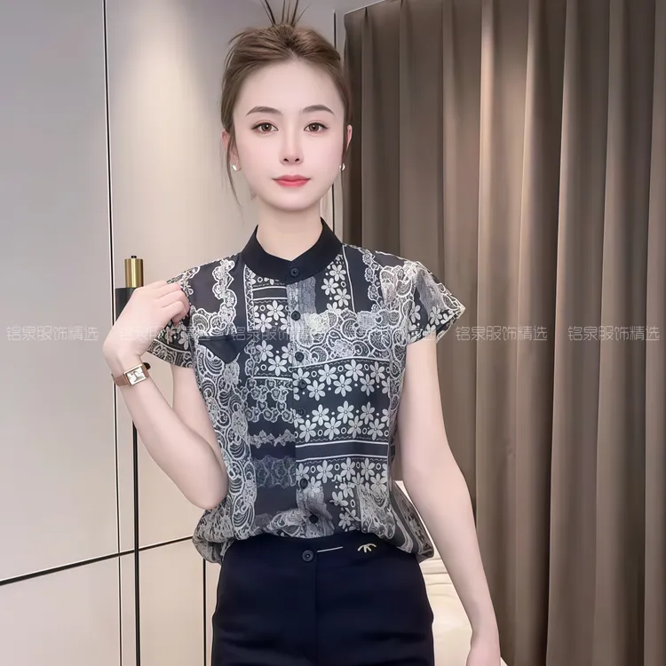 2025夏季新款复古碎花印花立领短袖衬衫女气质高档时尚减龄上衣