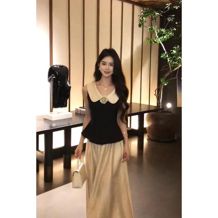 含胸花【夜昼之舞】针织V领上衣套装高腰半身长裙新款显瘦两件套装