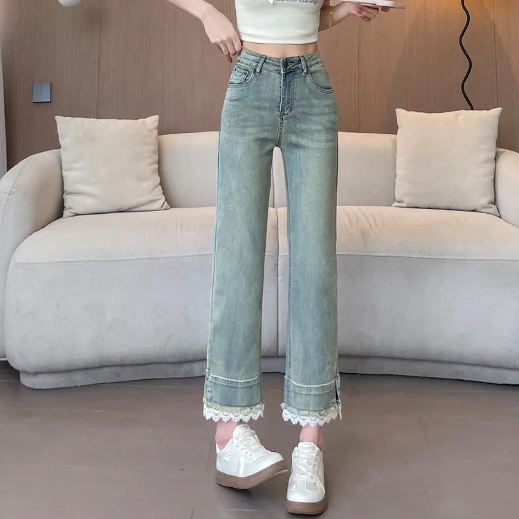 高腰蕾丝小直筒牛仔裤女2025新款夏季小个子清爽百搭显瘦九分裤子