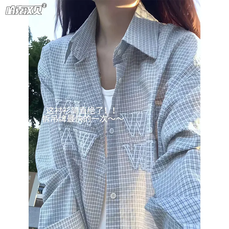 文艺风格纹衬衫外套男女款秋季潮流字母刺绣衬衣叠穿宽松休闲上衣