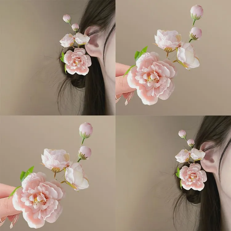 桃花朵朵~ 绢花花朵发夹侧边夹甜美花朵头饰氛围汉服马面裙盘发器