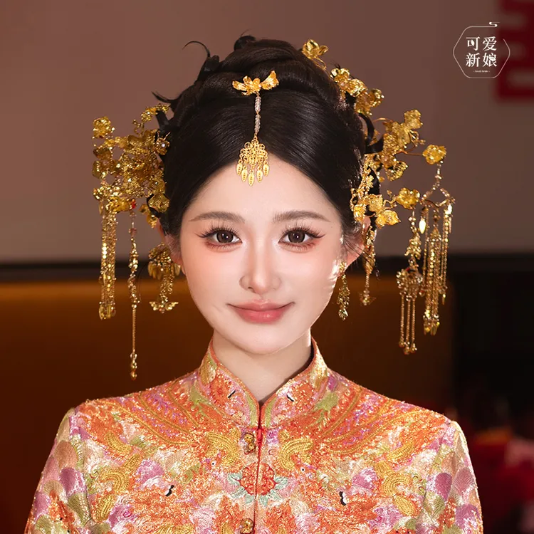 龙凤褂新娘头饰高级金色重工镂空花朵发簪中式古典秀禾发饰HZ1085