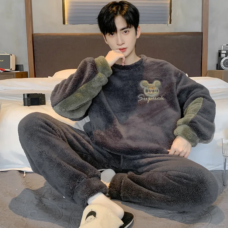 珊瑚绒睡衣男款冬季加厚加绒保暖卡通套装新款青少年加大码家居服