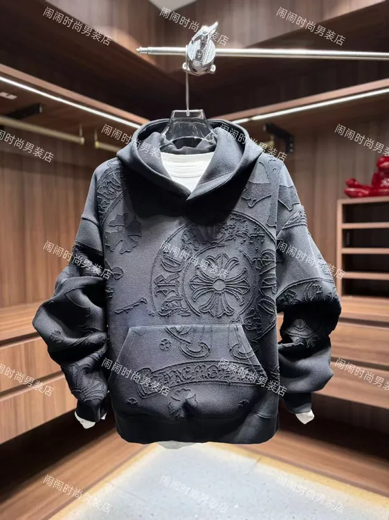 99772冬季新款高级感潮流烧花设计百搭情侣款连帽加绒卫衣秋冬