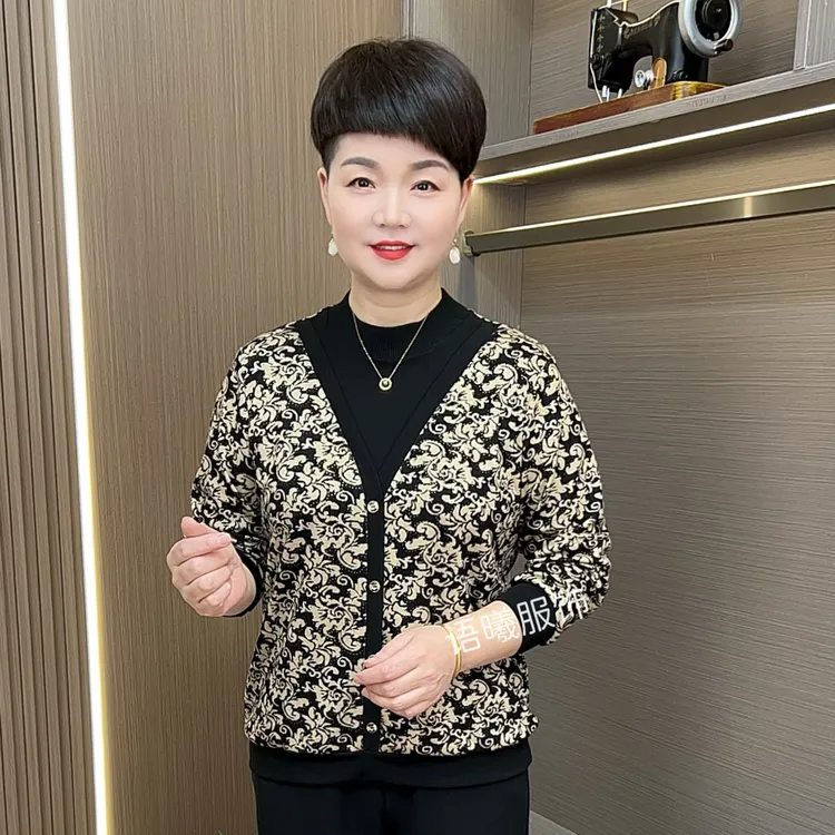 纽扣圆领时尚女士秋季印花中老年女装长袖假两件上衣F2805-2