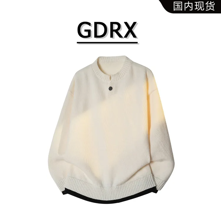 GDRX圆领针织毛衣男秋冬季纽扣半开领设计感上衣宽松轻奢休闲男装