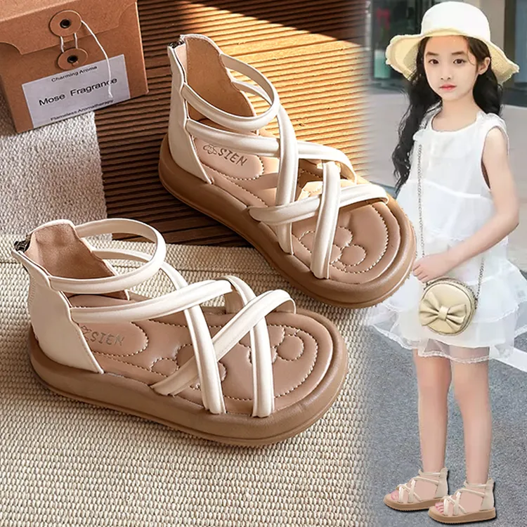 ABC凉鞋女童2025新款夏季儿童时尚公主交叉凉拖中大童露趾罗马鞋