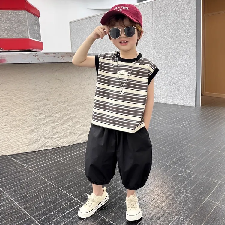 韩版条纹薄款男童夏季休闲风套装童装大童小童夏款衣服洋气
