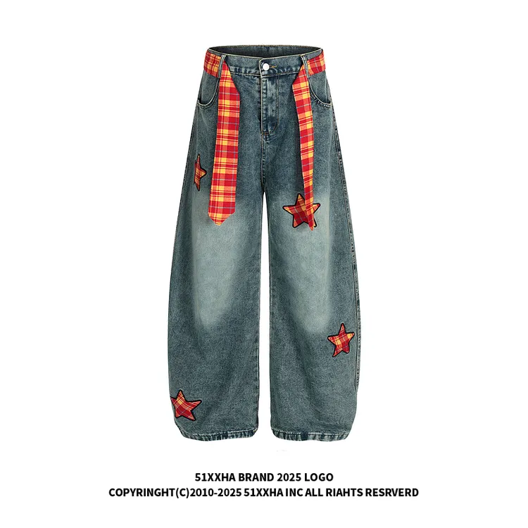 51嘻哈潮牌美式高街腰带装饰五角星贴布宽松弯刀裤男秋冬牛仔长裤