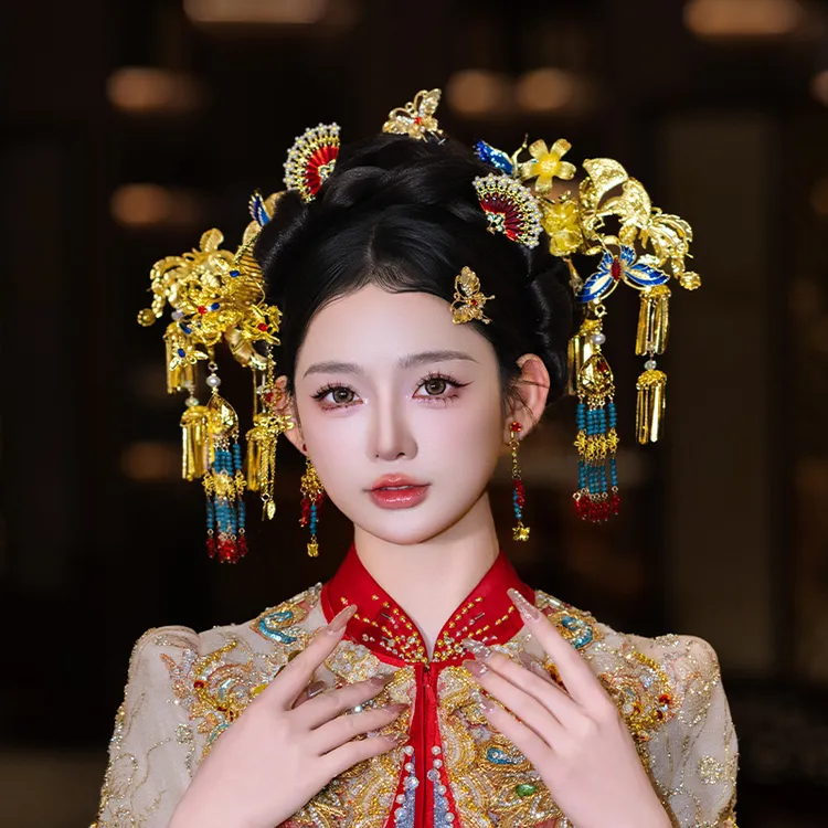 合金婚庆饰品 中式国风小众大气秀禾蝴蝶流苏金色发簪配饰MF2509