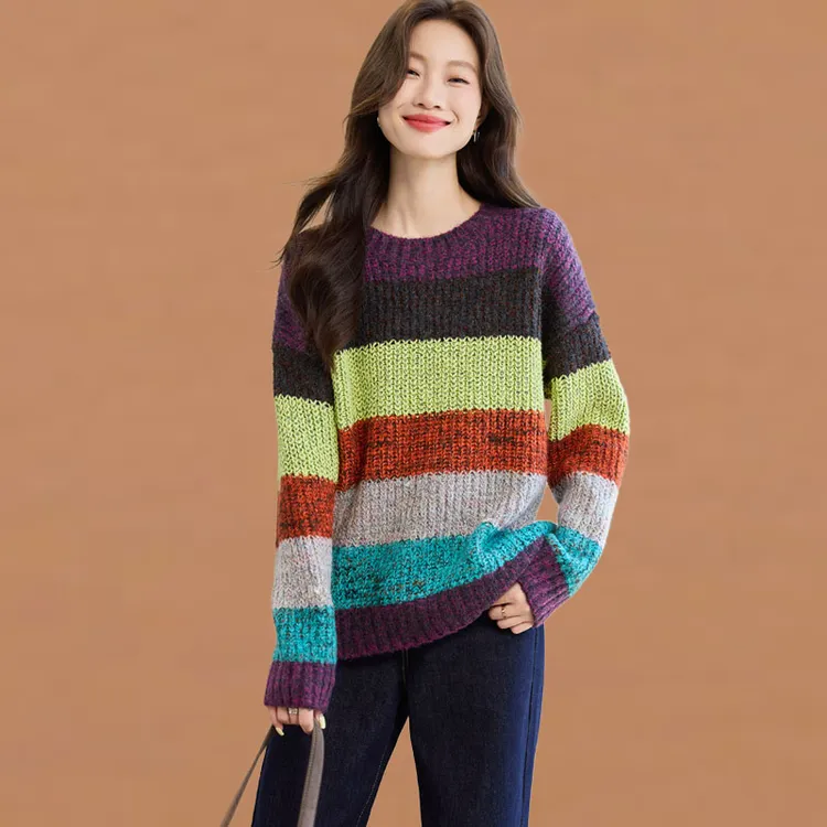 慵懒风撞色条纹毛衣女秋冬季外穿2025新款宽松加厚内搭针织打底衫