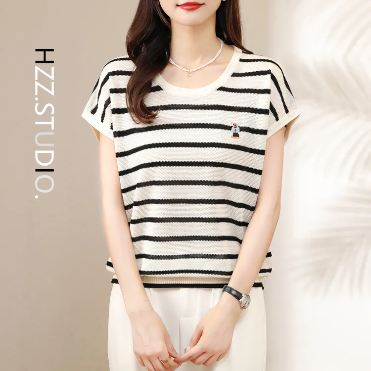 100莱赛尔天丝~小熊刺绣条纹短袖女薄款夏季宽松休闲飞飞袖针织衫
