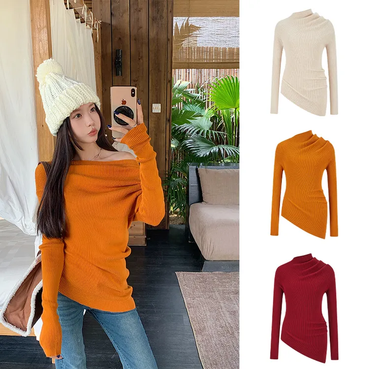 Moses Queen/魔西女王新款美式斜肩长袖针织半高领秋冬保暖上衣女