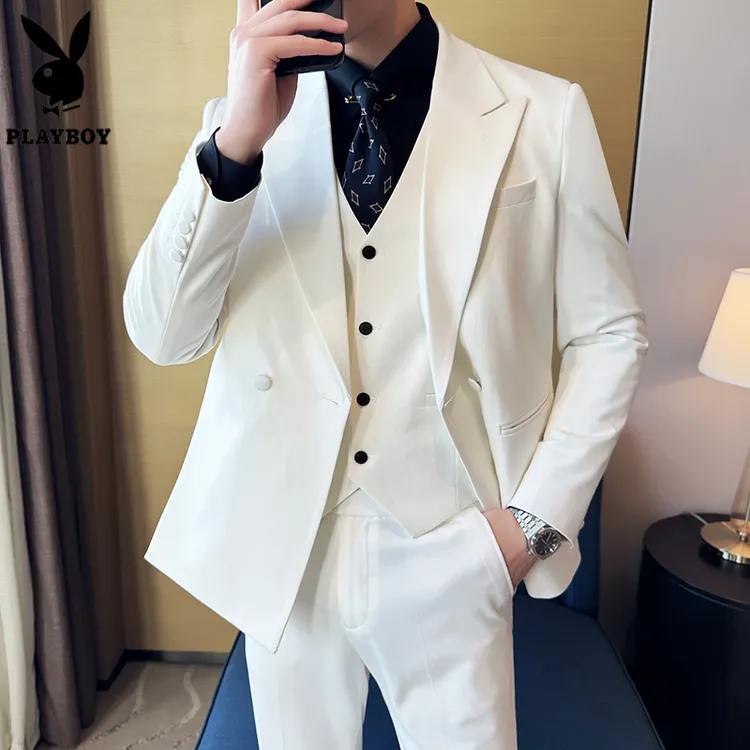 花花公子戗驳领双排扣西服老钱风正装西装新郎结婚礼服三件套男士