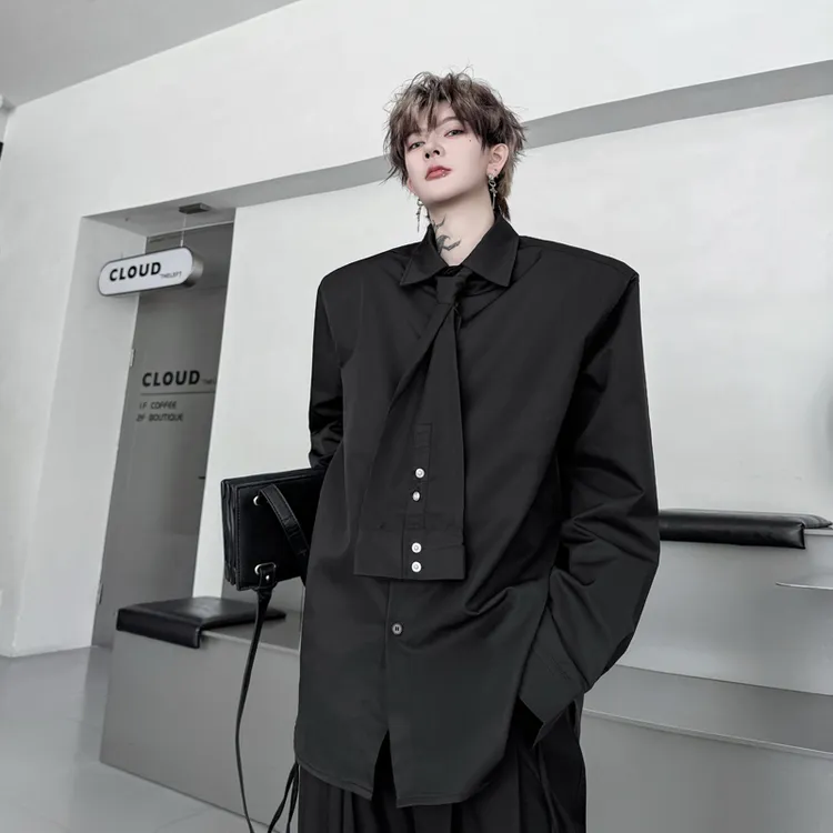 2025秋季禁欲系垫肩衬衫男长袖小众可拆卸领带设计感痞帅廓形衬衣