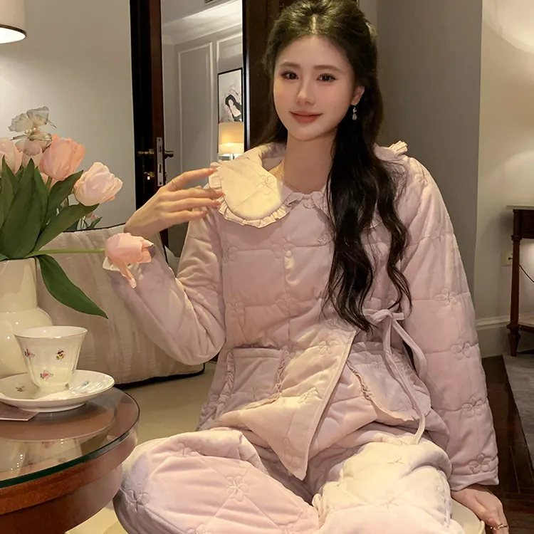 三层夹棉睡衣女秋冬季加绒长袖睡衣女新款甜美丽丝绒家居服保暖可