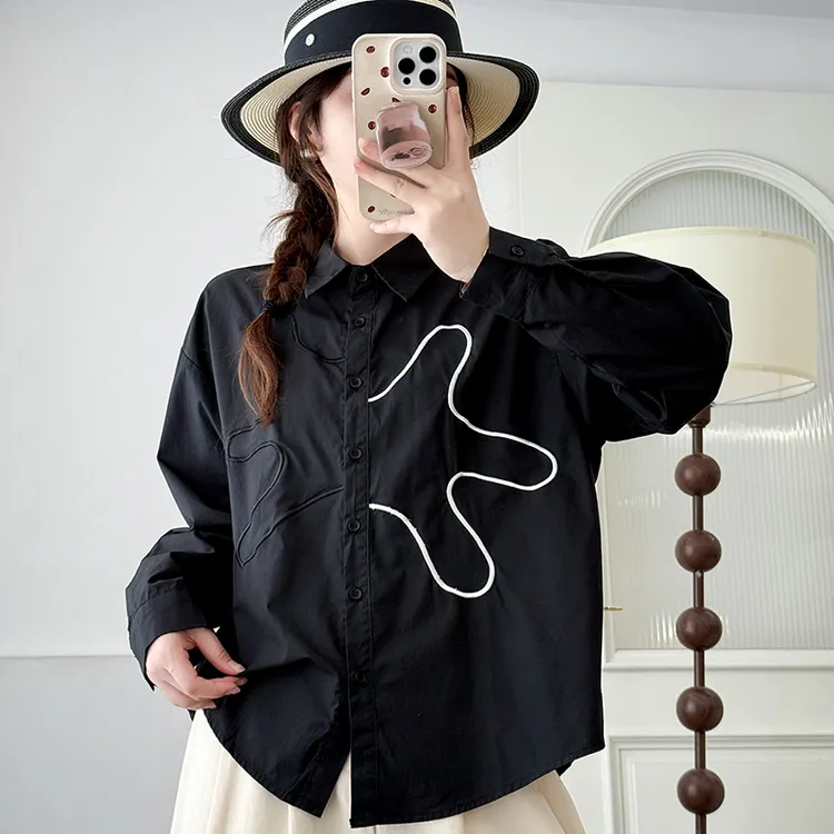 海星特别刺绣设计感长袖黑色女士衬衫复古文艺潮流女装宽松外套