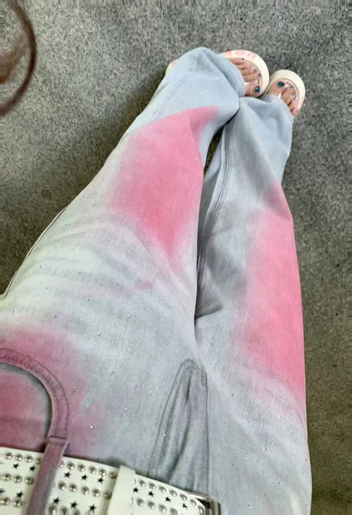 夏日多巴胺渐变粉色穿搭直筒牛仔裤宽松拖地裤涂鸦