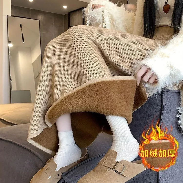 加绒加厚针织半身裙女秋冬2025新款高腰显瘦开叉a字包臀中长裙子