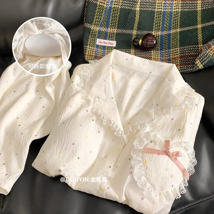 带胸垫睡衣女夏2025新款短袖云朵棉可爱甜美波点少女可外穿家居服