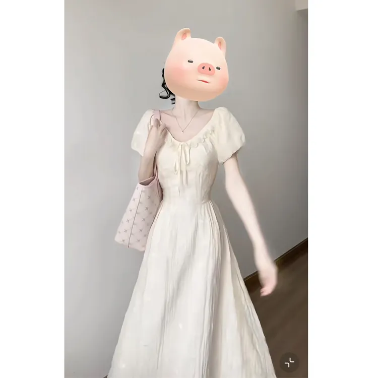 大码【白茶】春夏新款国风刺绣新中式米白色V领连衣裙洋气温柔裙子