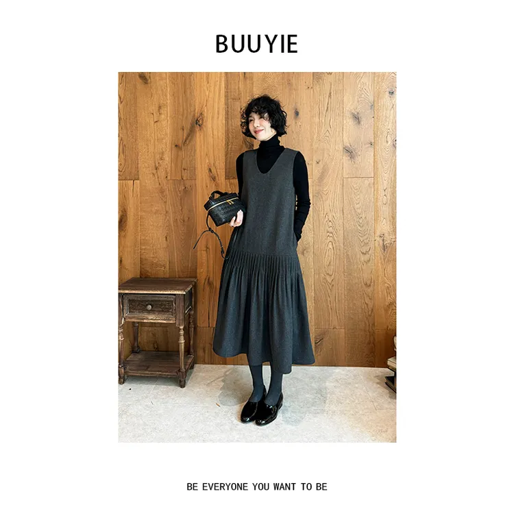 BUUYIE 25SS【戎褶】羊毛气质高级感无袖时尚连衣裙251197
