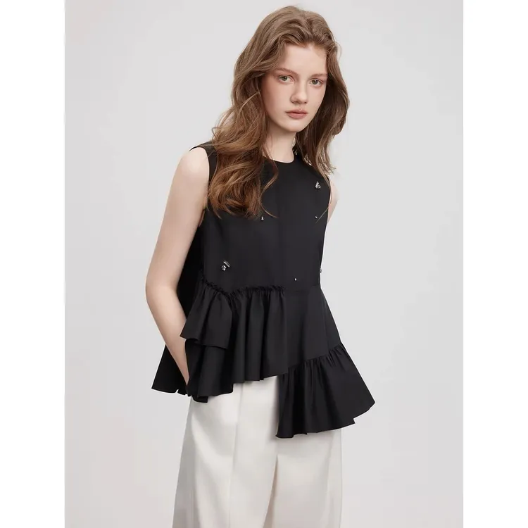 【一秒入夏】高级感穿搭钉珠无袖黑衬衫女2025夏季上衣EM51429