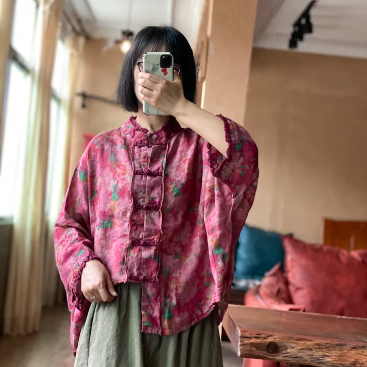 夏季新中式国风复古水洗苎麻数码印花对襟立领盘扣防晒衬衫2061