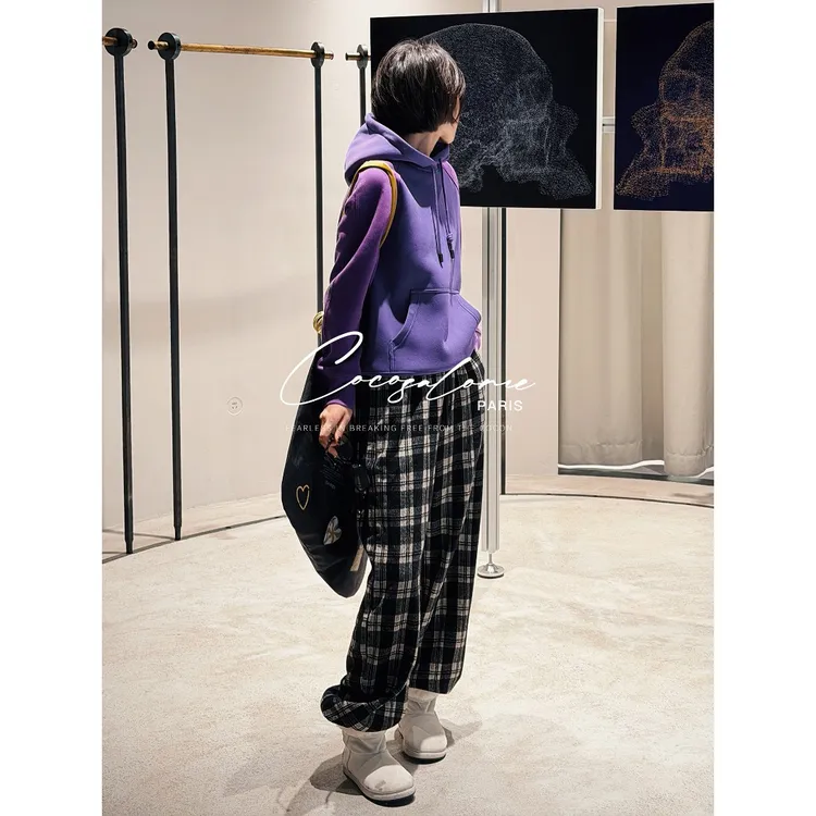 韩彬彬"格子裤"经典时尚黑白格羊毛加厚保暖秋冬休闲长裤女3410-9